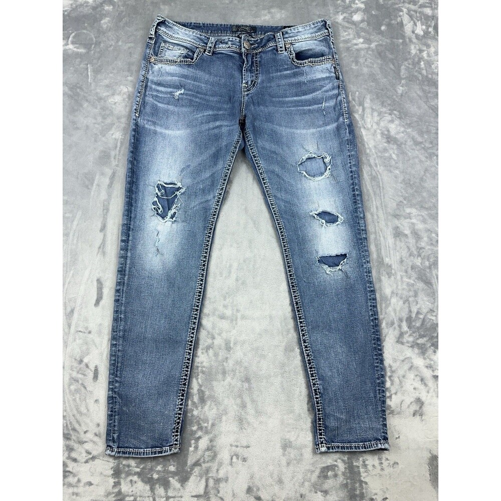 Silver Jeans Co.  Boyfriend Jeans Womens Size 33x29 Blue Distressed Stretch